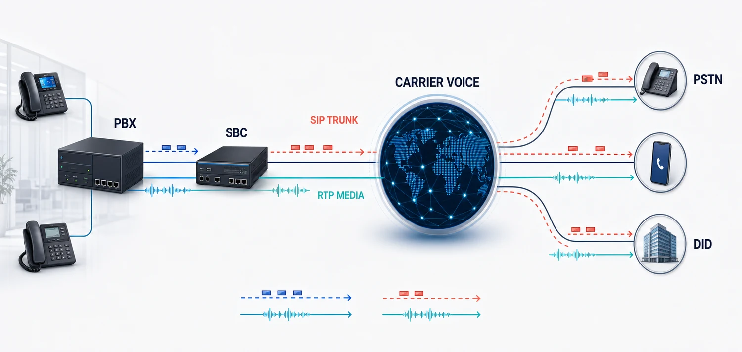 SIP call flow from PBX through SBC and carrier voice to PSTN, mobile and DID destinations